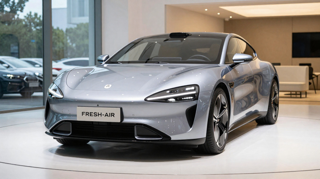 Silver sleek electric sports car with LED headlights displayed indoors with license plate reading FRESH-AIR.