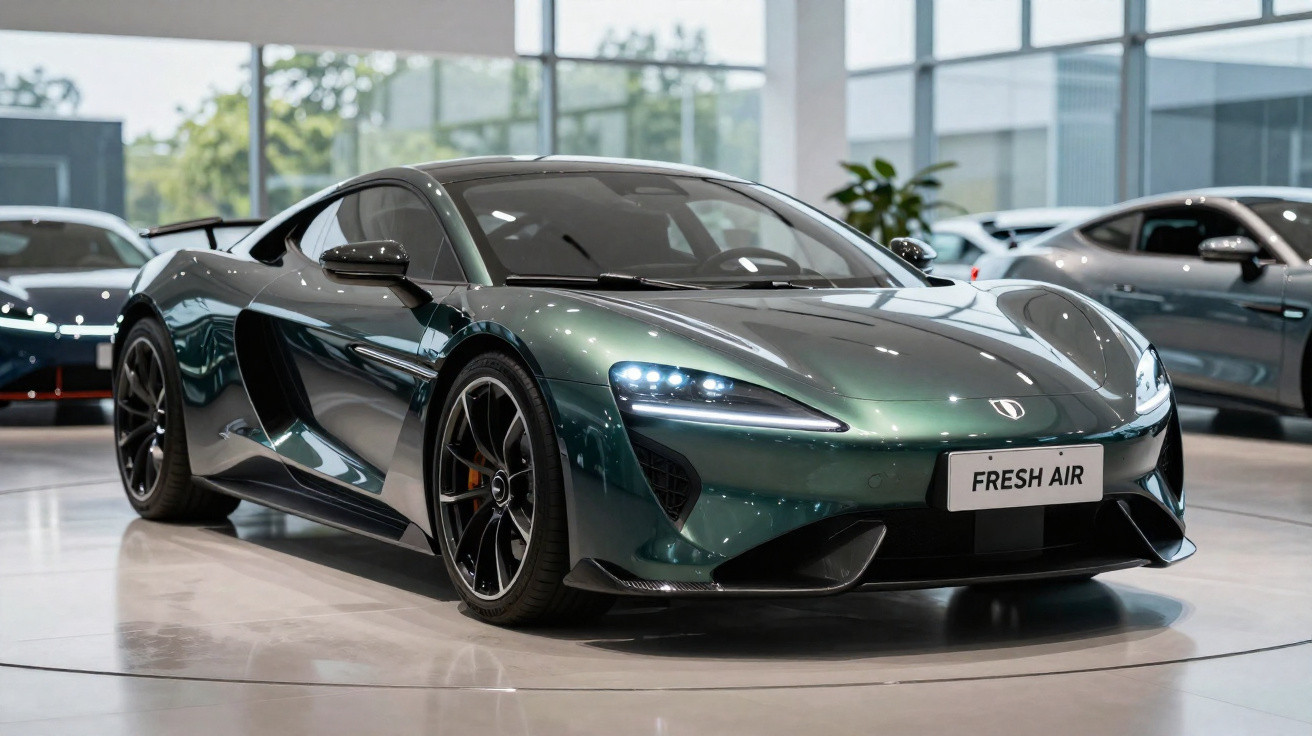 Metallic green modern sports car with black accents displayed in showroom with polished floor and glass windows.