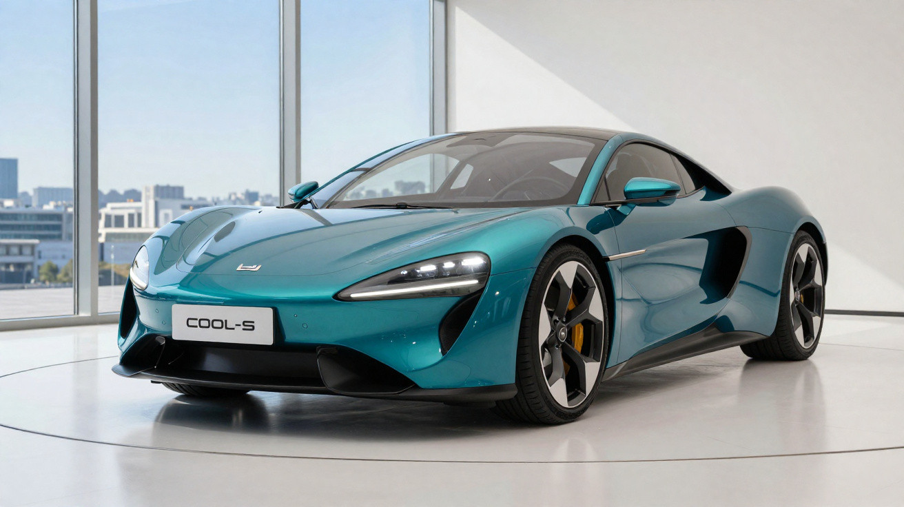 Sleek turquoise McLaren Cool-S sports car displayed indoors with cityscape visible through large windows.