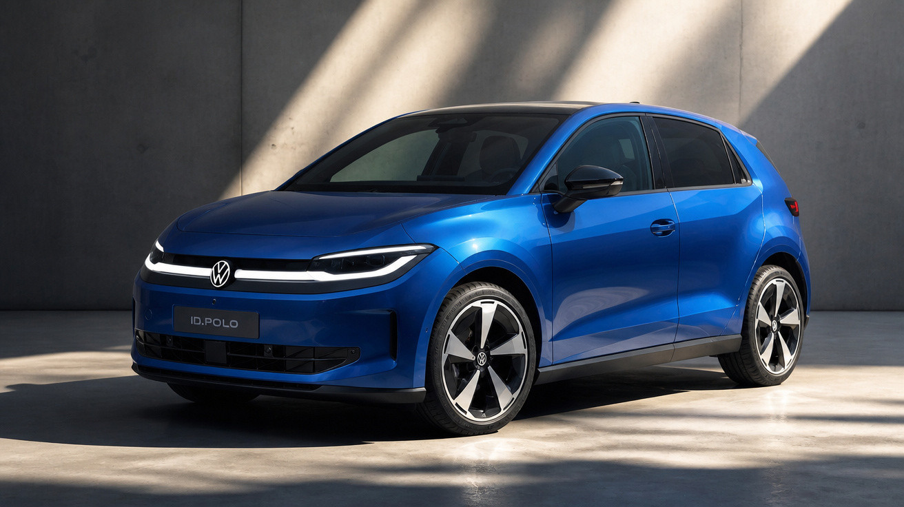 Blue Volkswagen ID. Polo electric hatchback parked indoors with concrete walls and floor.