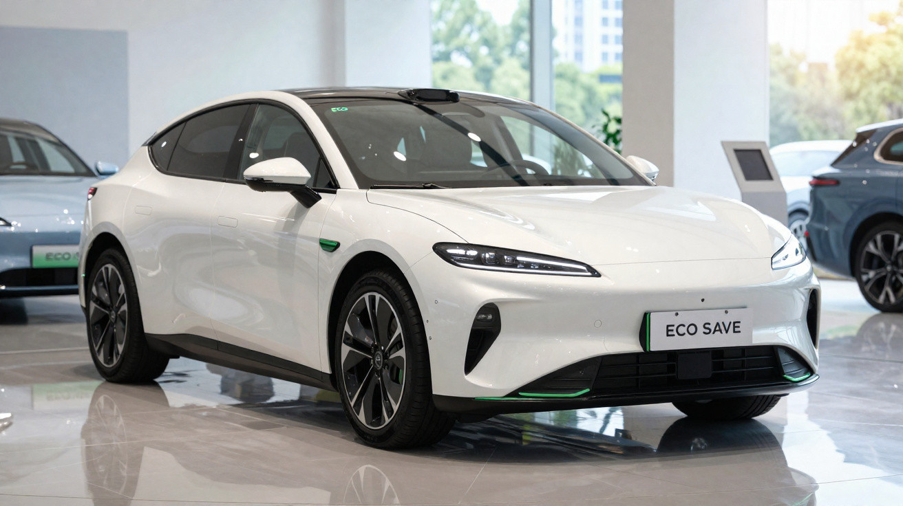 White electric sedan car displayed indoors with "ECO SAVE" licence plate and modern design elements.