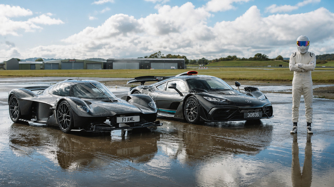 Two black high-performance sports cars parked on wet tarmac with a driver in white racing gear standing beside them.