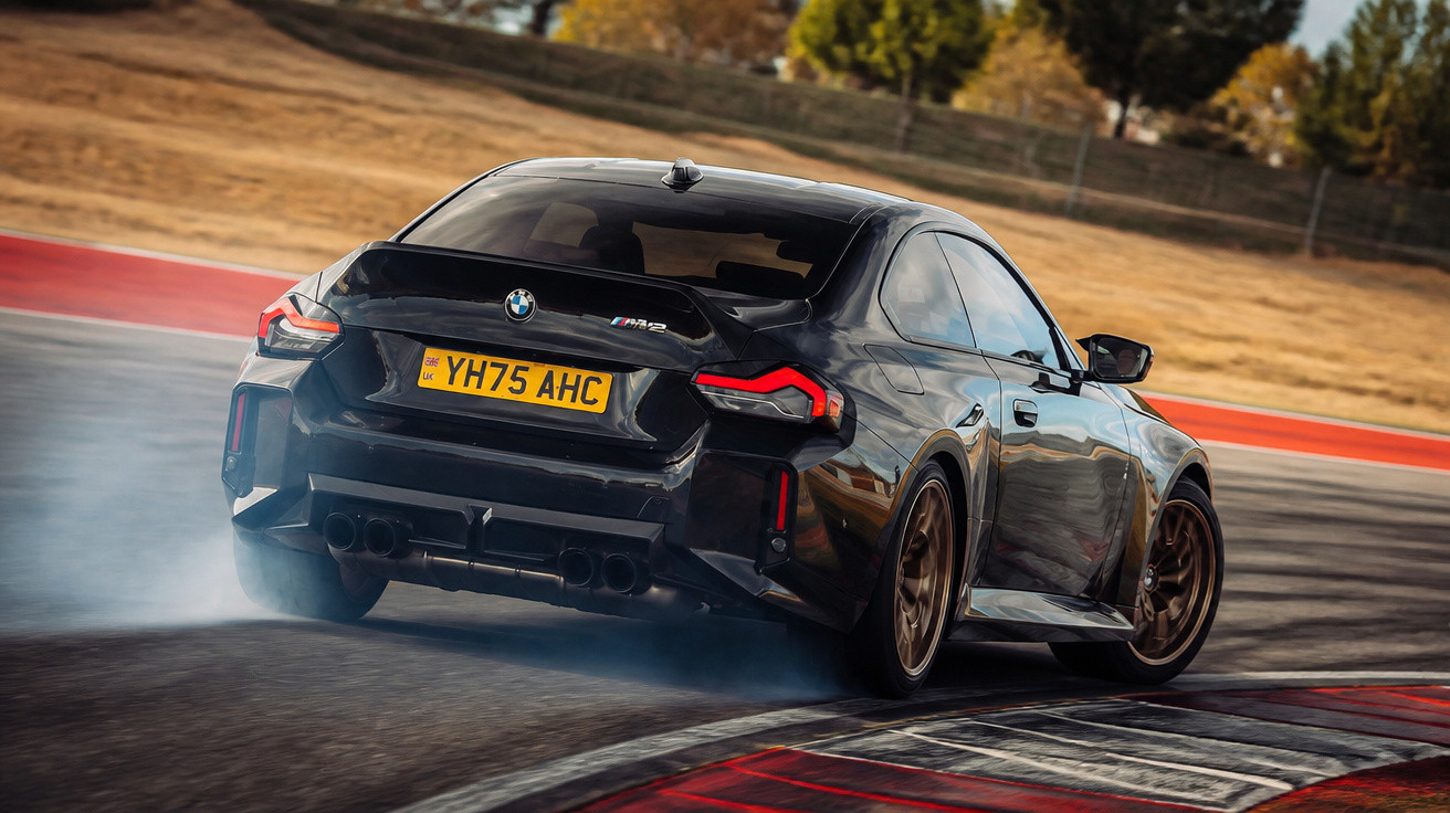 Black BMW M2 drifting on a race track with smoke coming from the rear tyres on a sunny day.