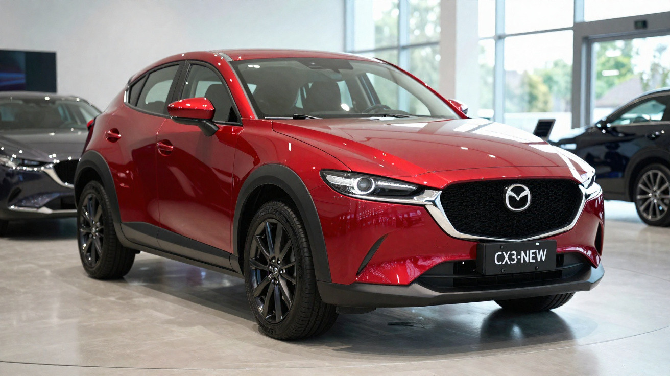 Red Mazda CX-3 SUV displayed indoors with black wheels and modern dealership background.