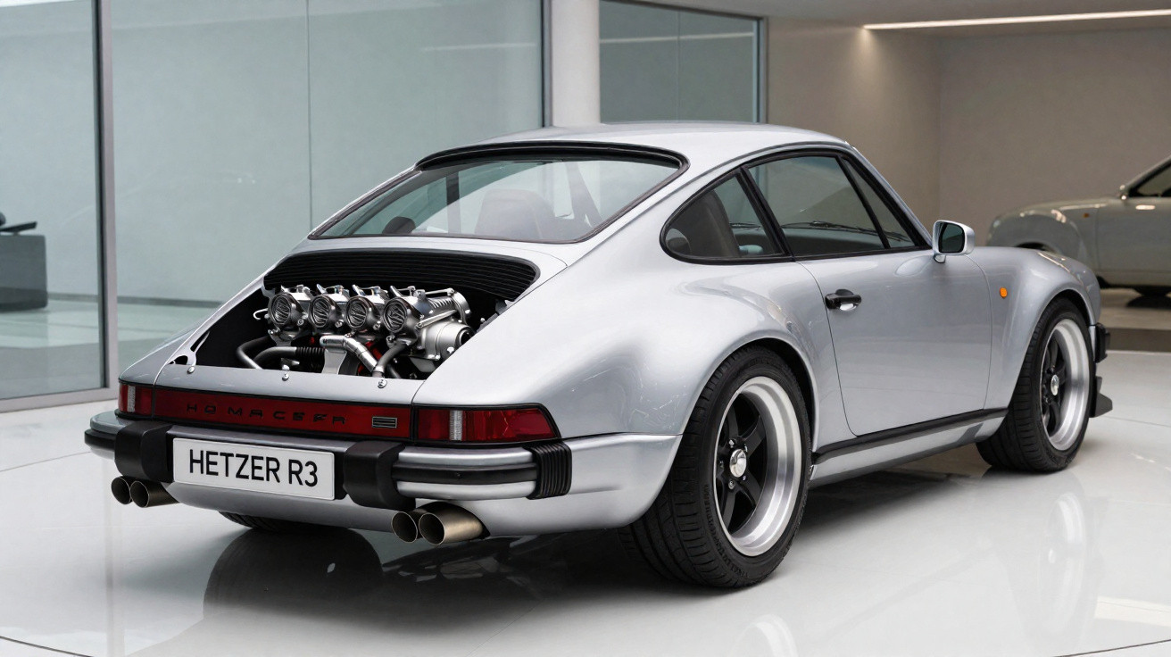 Silver classic sports car with exposed rear engine and black alloy wheels in a modern showroom.