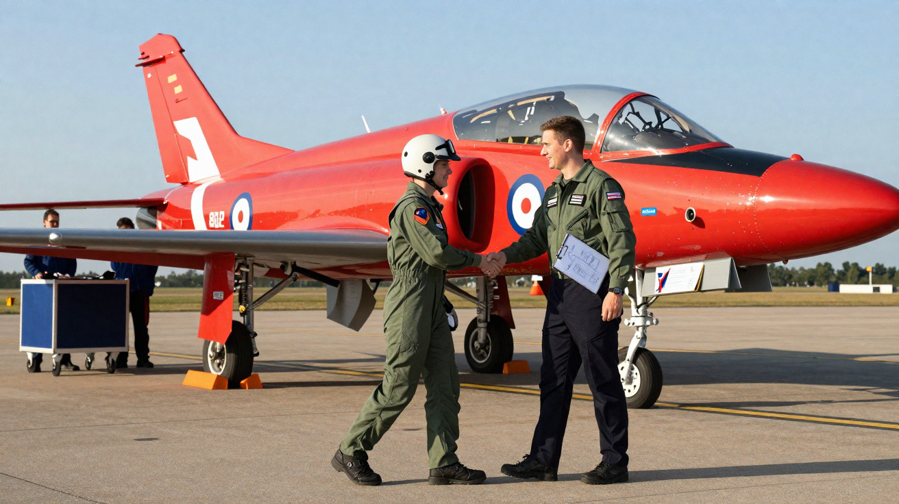 Two pilots shaking hands near a red military jet on an airfield under clear skies.