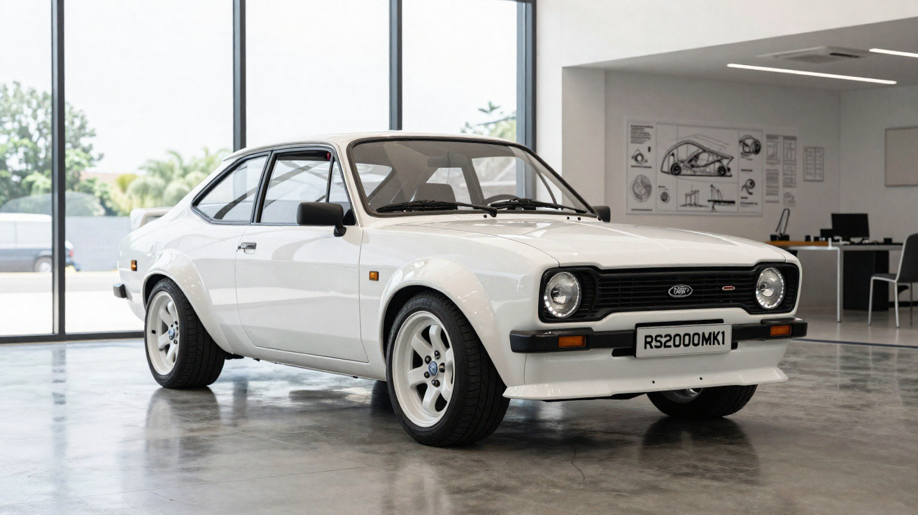 White classic Ford RS2000 MK1 car parked indoors with large windows and office furniture in the background.