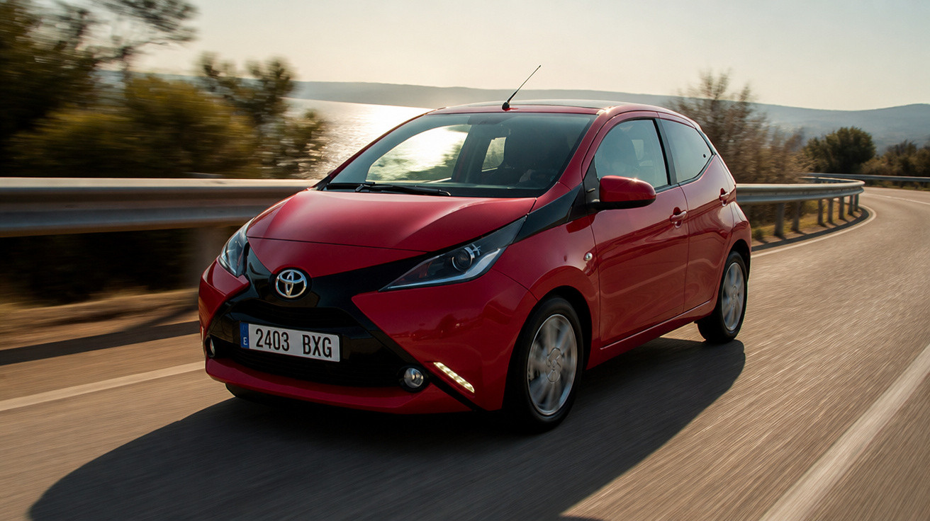 Red Toyota Aygo compact car driving on a winding road near a body of water in daylight.