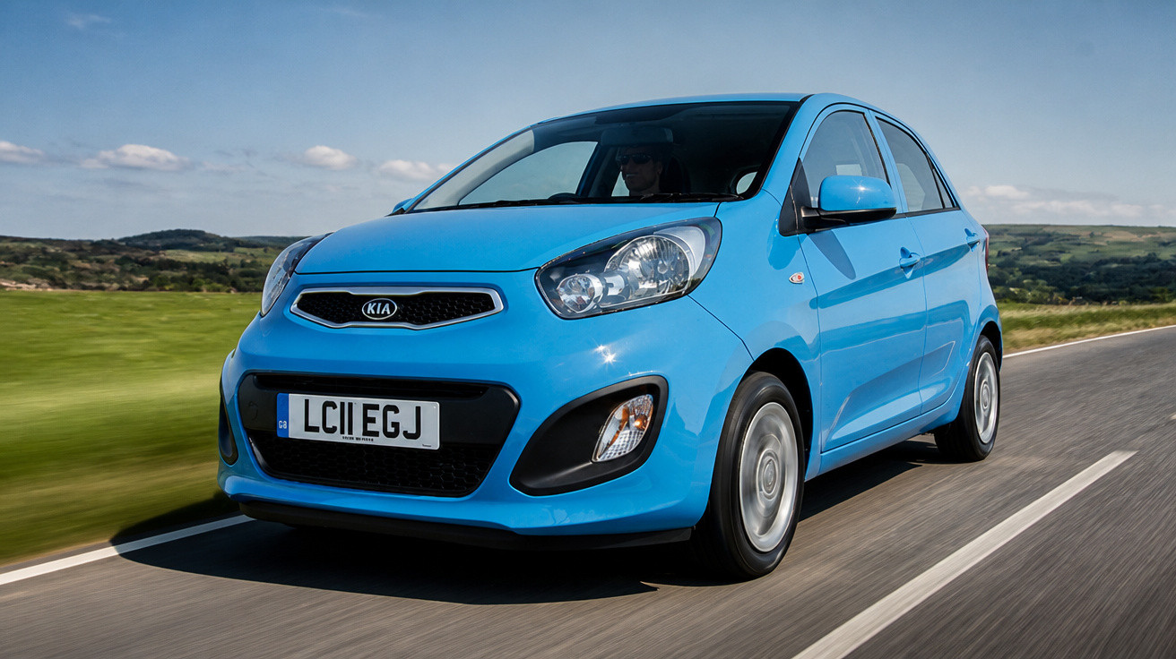 Blue Kia Picanto hatchback driving on a rural road with green fields and hills in the background.