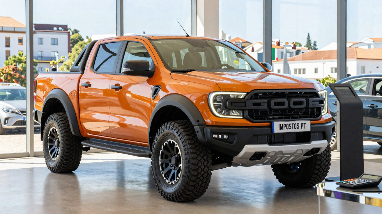 Orange Ford pickup truck with large off-road tyres displayed inside a showroom.