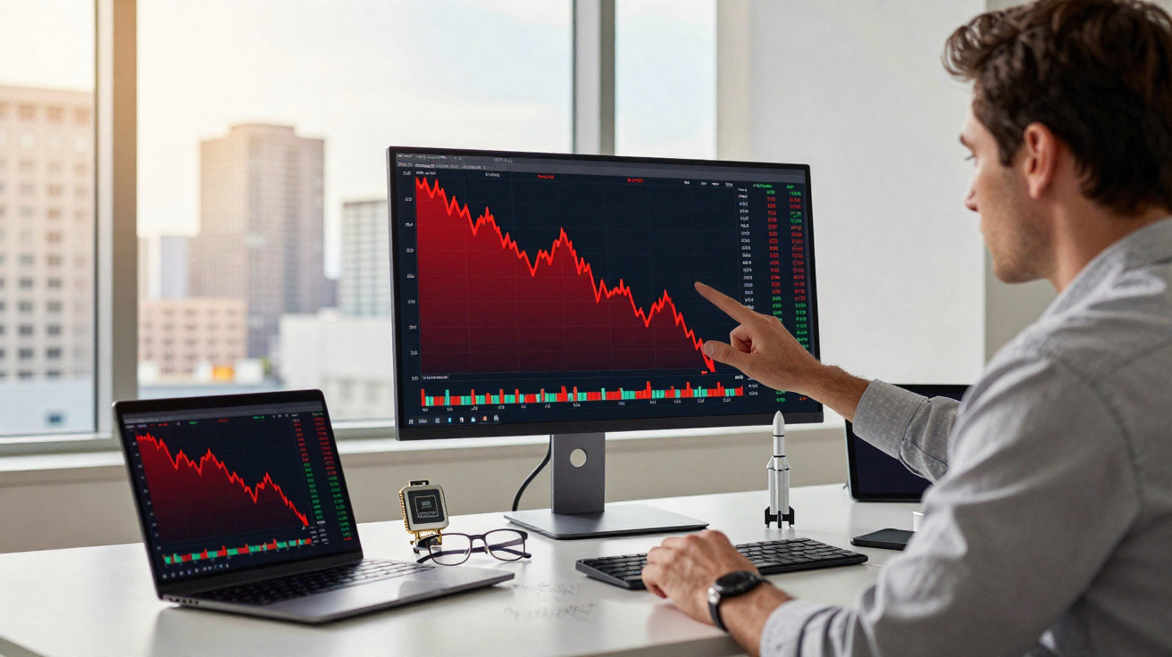 Man analysing falling stock market graphs on desktop and laptop screens in office with city view.