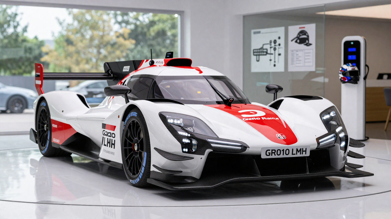 White and red Toyota Gazoo Racing GR010 LMH race car displayed indoors on a glossy floor.