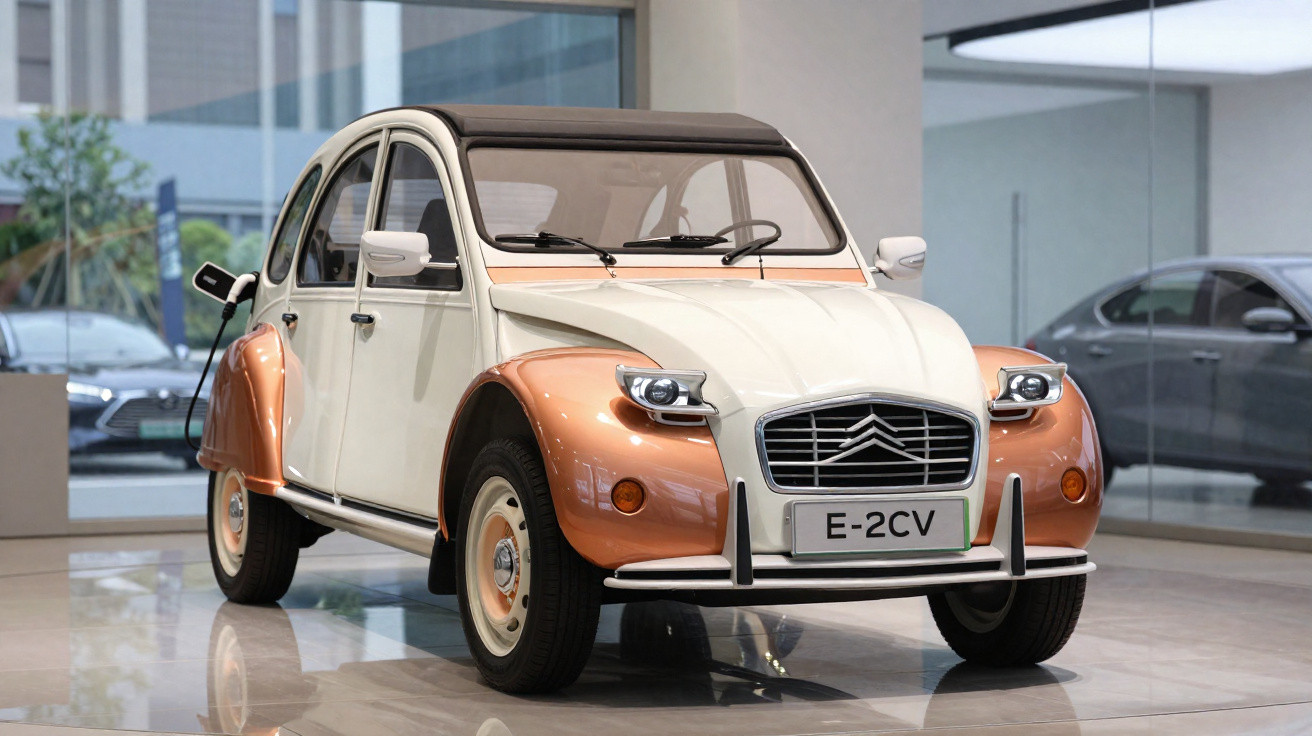 Retro-styled Citroën E-2CV electric car in beige and copper parked inside a showroom.