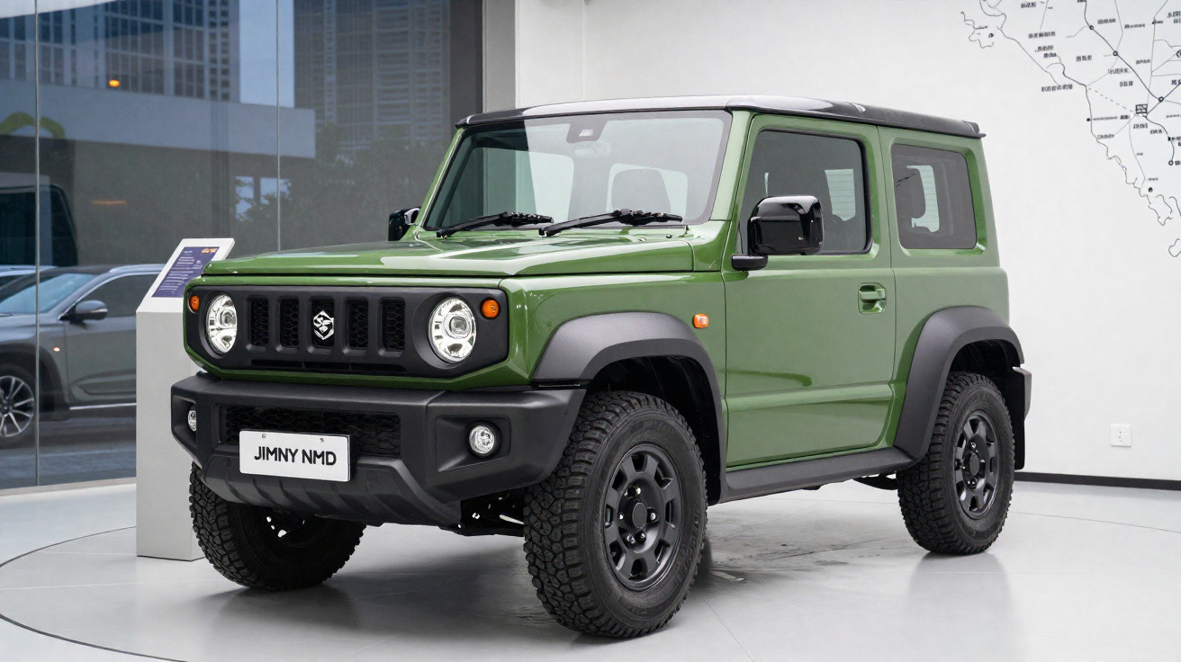 Green Suzuki Jimny NMD compact off-road SUV in showroom with black accents and chunky tyres