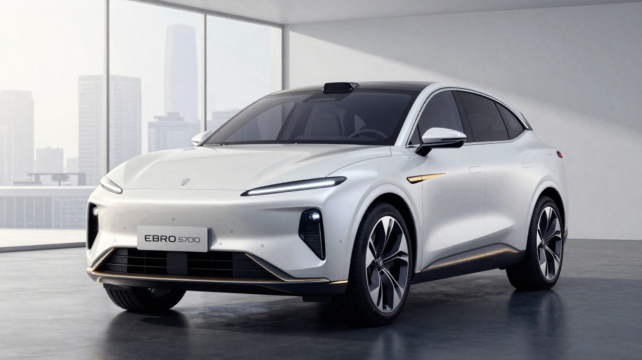 White electric SUV parked indoors in a modern room with city skyline visible through large windows.