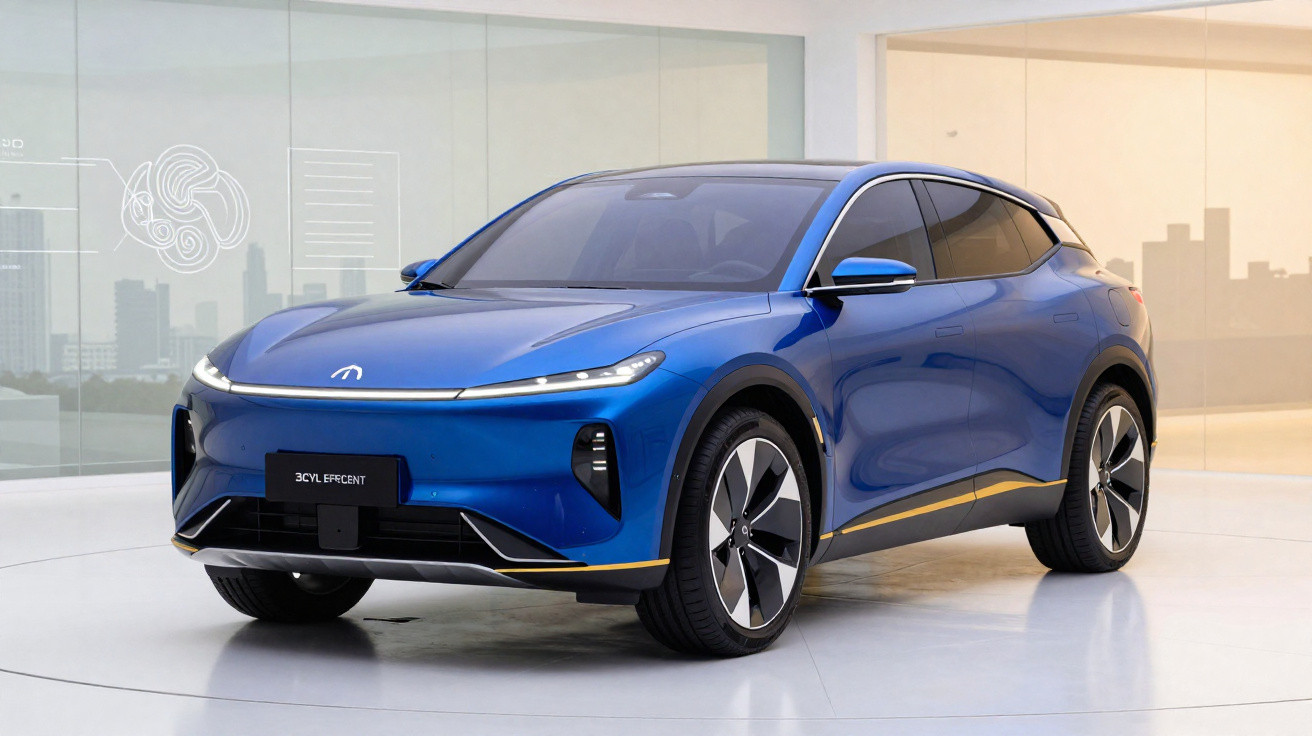 Blue modern electric SUV displayed in a bright showroom with large windows and minimalistic decor.