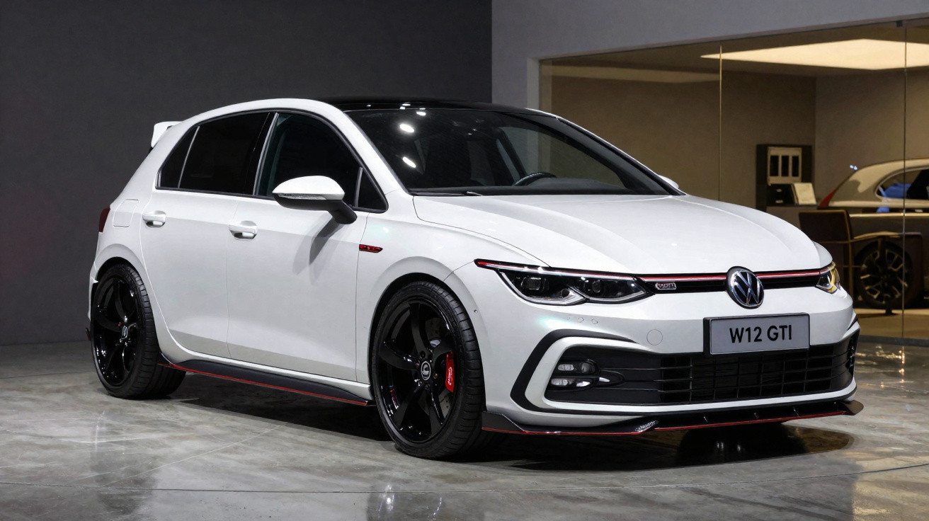 White Volkswagen Golf GTI W12 with black alloy wheels parked indoors on a polished concrete floor