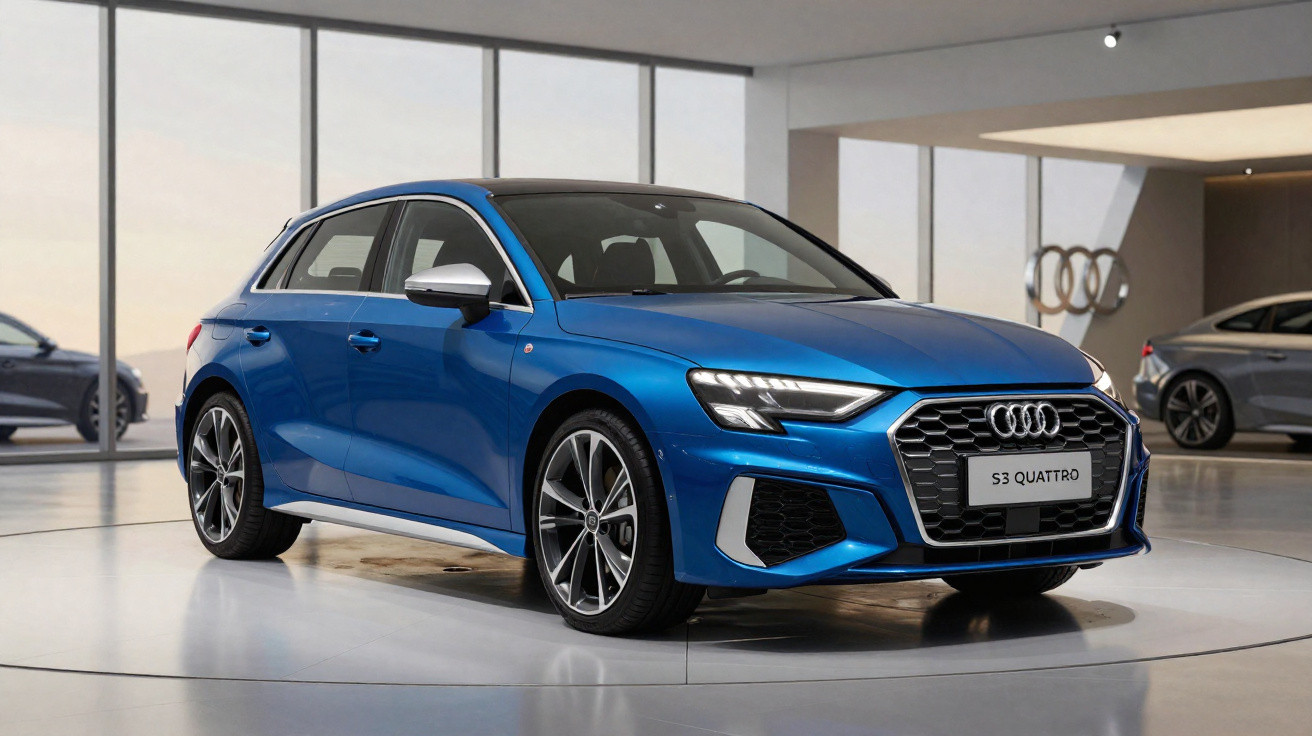 Blue Audi S3 Quattro hatchback displayed inside a modern showroom with large floor-to-ceiling windows.