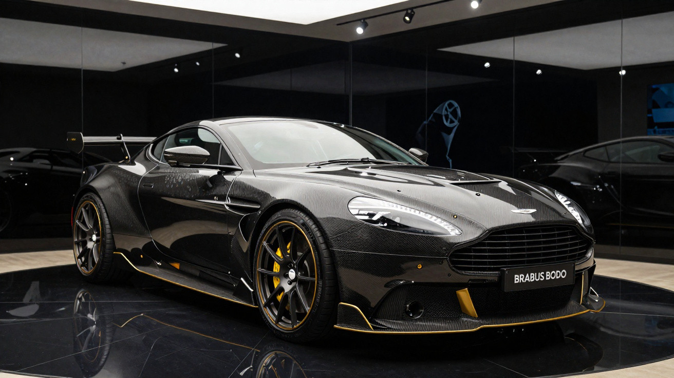 Black Brabus Bodo sports car with carbon fibre body and yellow detailing in a showroom with reflective floor.