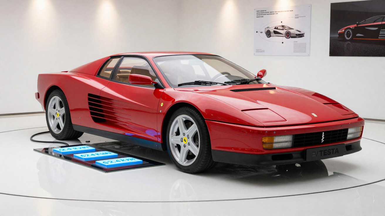 Red Ferrari sports car displayed in a museum with information panels in the background.