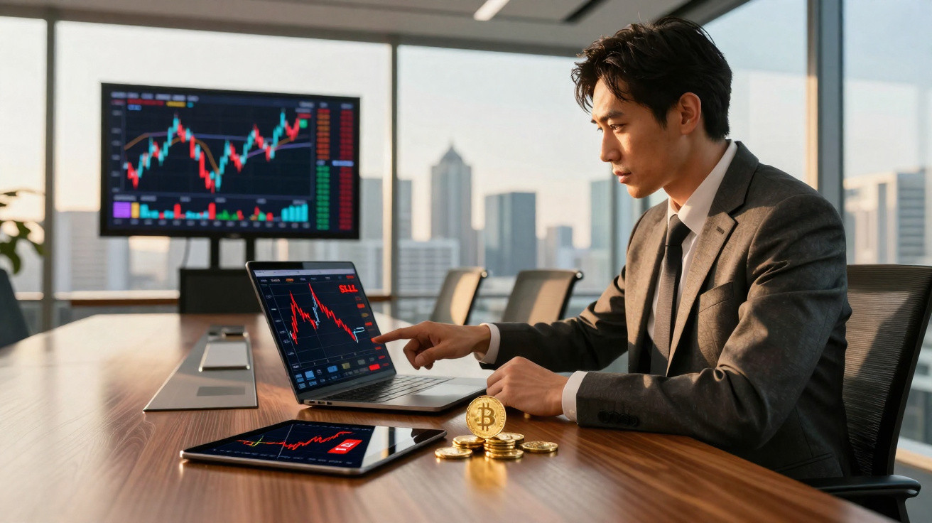 Businessman analysing cryptocurrency charts on laptop and tablet with physical Bitcoin coins on table in office.