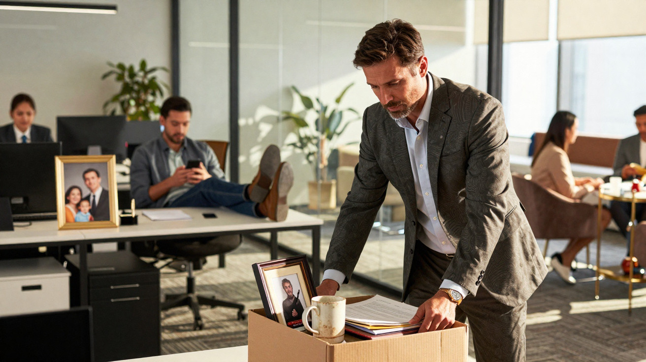 Man packing personal items into a cardboard box in an office with colleagues working in the background.