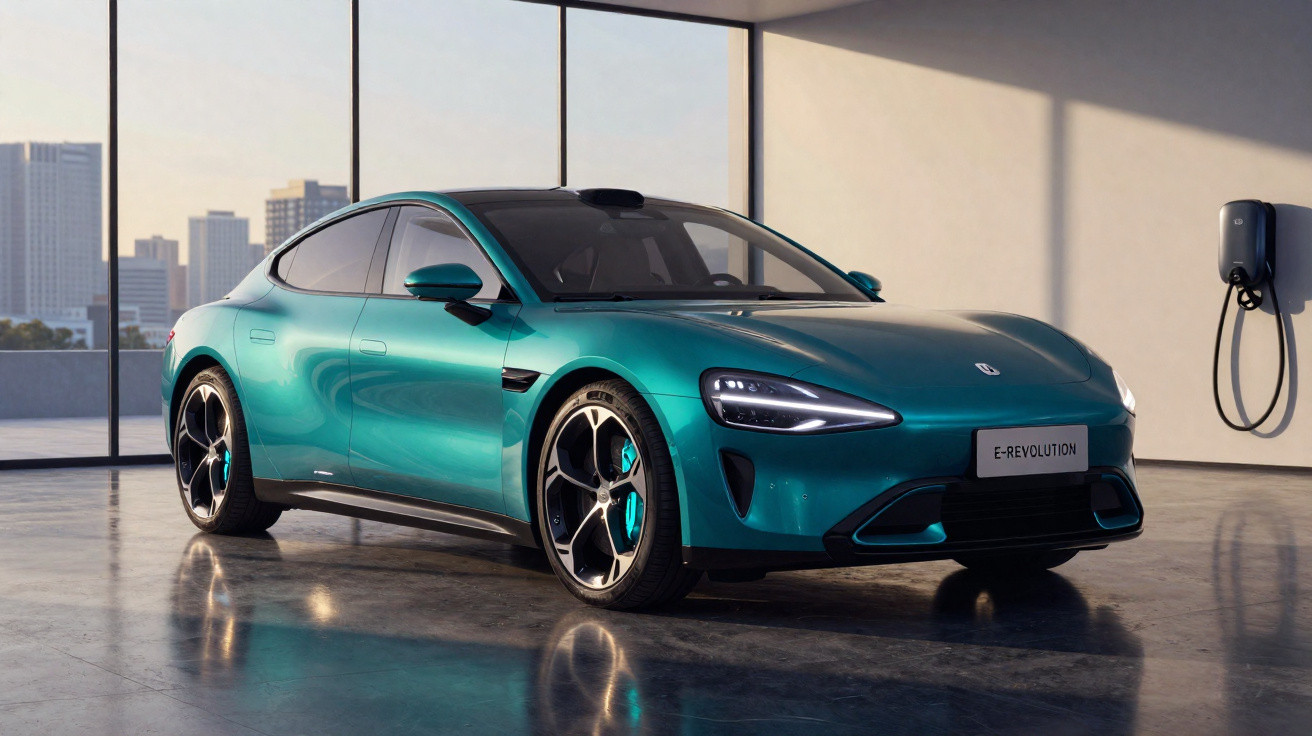 Sleek teal electric car parked indoors near charging station with city skyline visible through large windows.