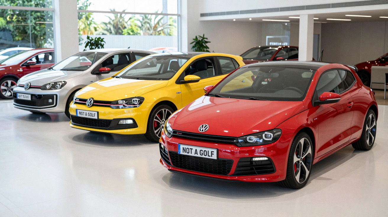 Red, yellow, and silver Volkswagen hatchbacks lined up indoors with "NOT A GOLF" license plates on display.