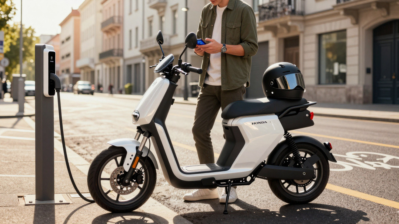 Person standing beside a white Honda electric scooter charging on a city street with a black helmet on the seat.