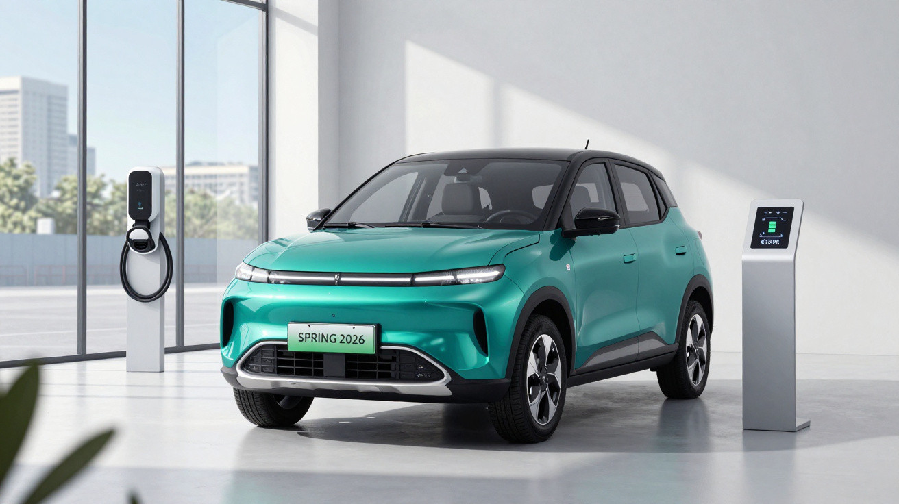 A turquoise electric car inside a showroom next to a charging station and a digital display stands.