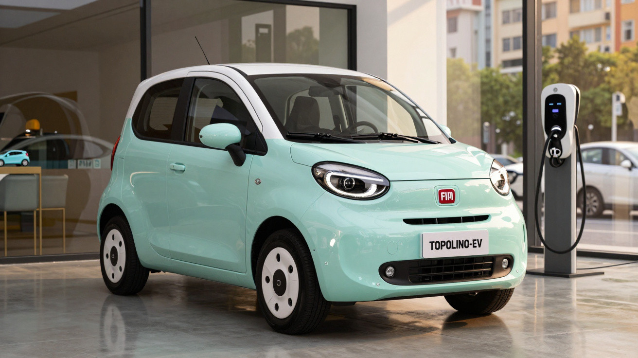 Light blue Fiat Topolino-EV electric car parked indoors next to a charging station.