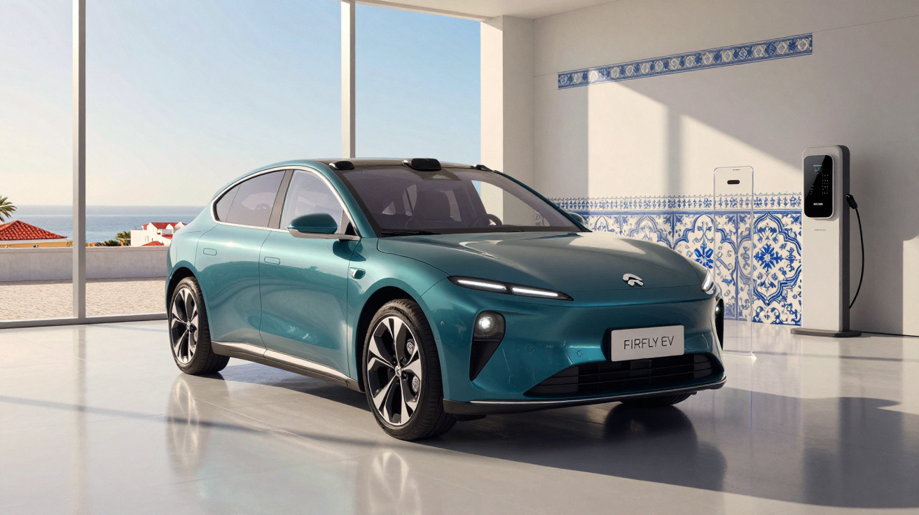 Teal electric car parked indoors beside a charging station, with patterned blue tiles on the wall.