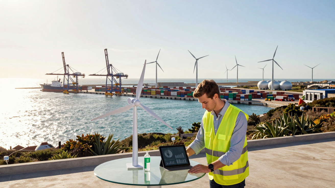 Engineer in a high-visibility vest working on a laptop by a model wind turbine near a coastal port with shipping containers a