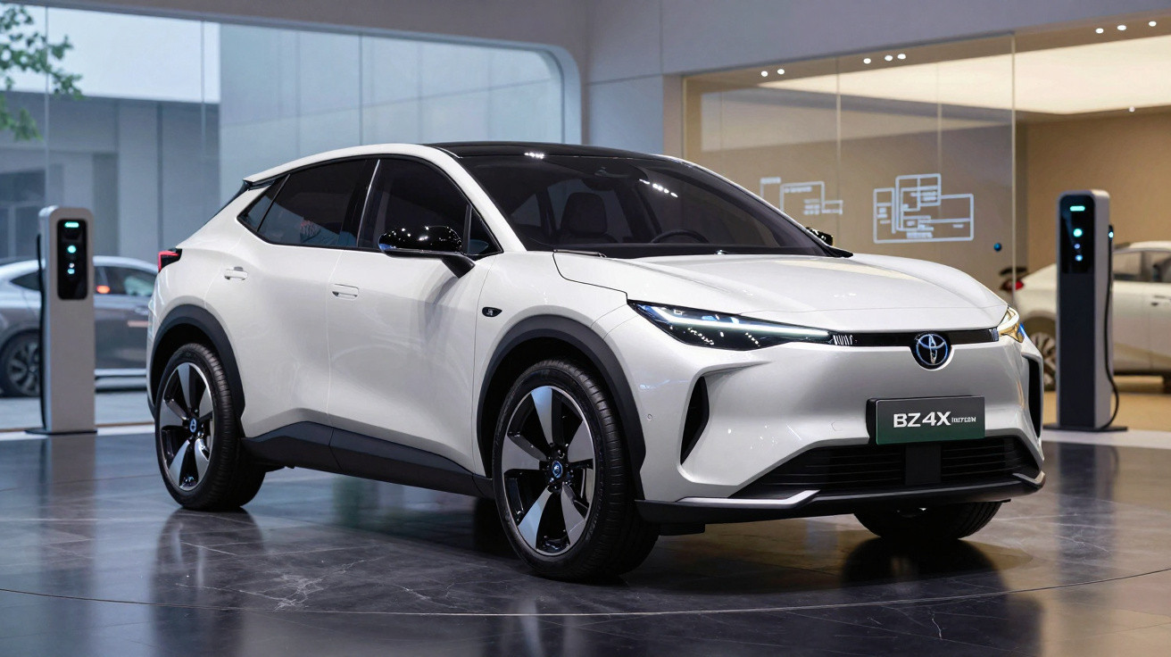 White Toyota BZ4X electric SUV displayed indoors with black roof and modern design features.