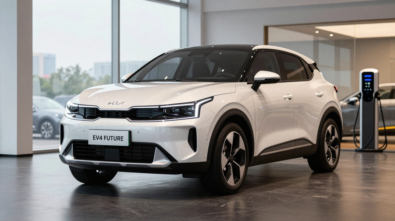 White Kia EV4 Future electric SUV parked indoors near a charging station in a modern showroom.