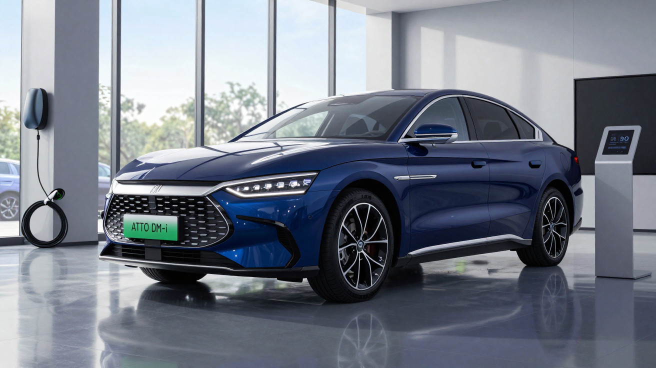 Blue BYD Atto DM-i electric sedan parked indoors near a wall-mounted charger and digital information stand.