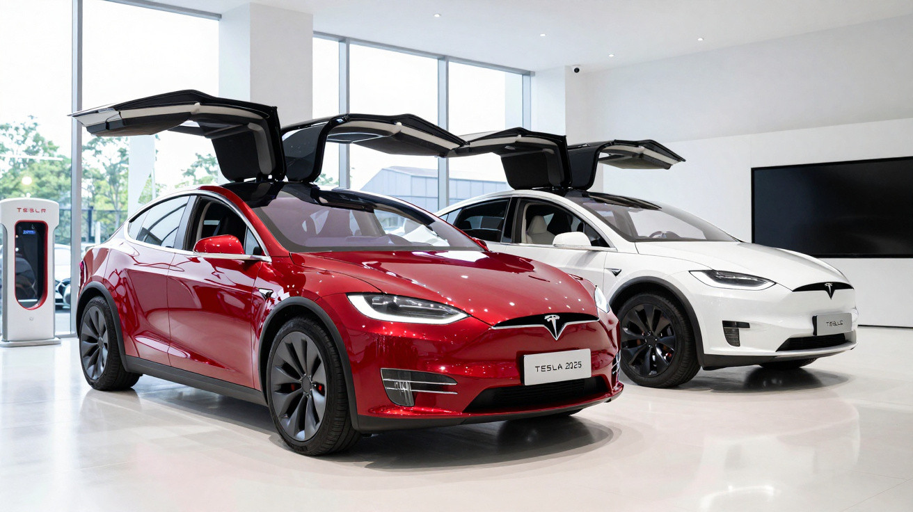 Two Tesla Model X cars, one red and one white, with falcon-wing doors open in a bright showroom.