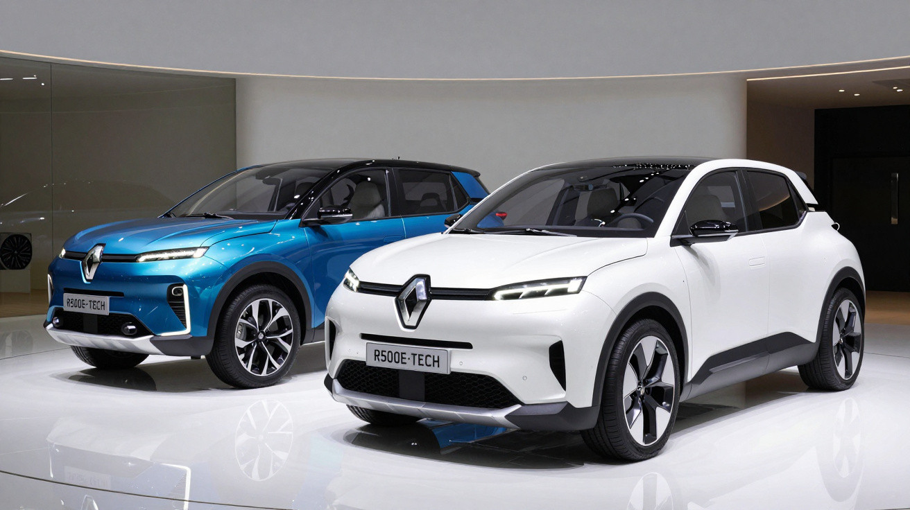 Two Renault electric SUVs, one white and one blue, displayed in a modern showroom with reflective flooring.