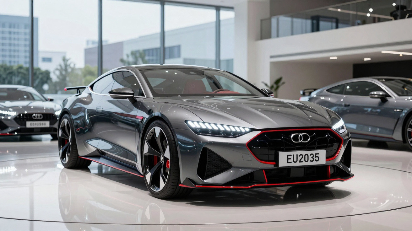 Sleek grey sports car with red accents and LED headlights displayed in a modern showroom.