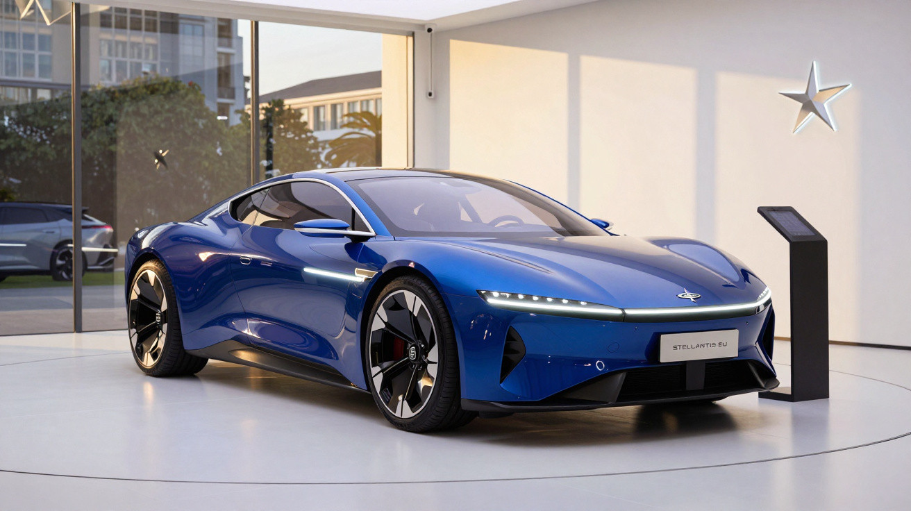 Blue Stellantis electric sports car displayed indoors with sleek design and modern lighting.