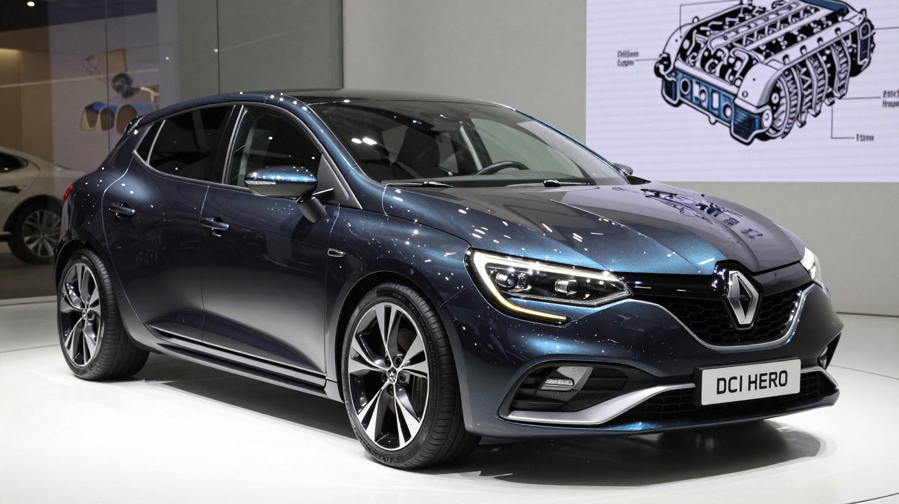 Dark blue Renault hatchback car displayed indoors with a detailed engine diagram in the background