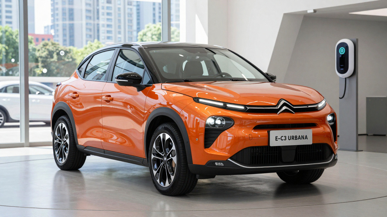 Orange Citroën E-C3 Urbana electric car displayed indoors near a charging station.