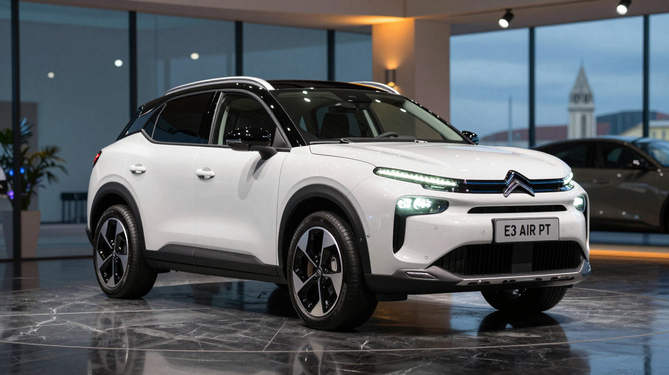 White Citroën electric SUV displayed indoors with modern design and LED headlights turned on.