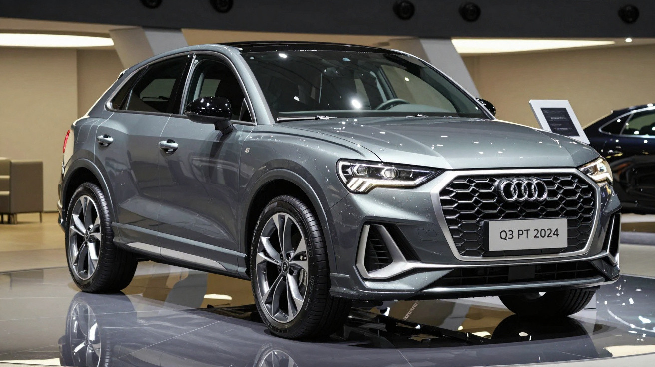 Silver 2024 Audi Q3 PT model SUV displayed indoors on glossy floor beneath bright lights