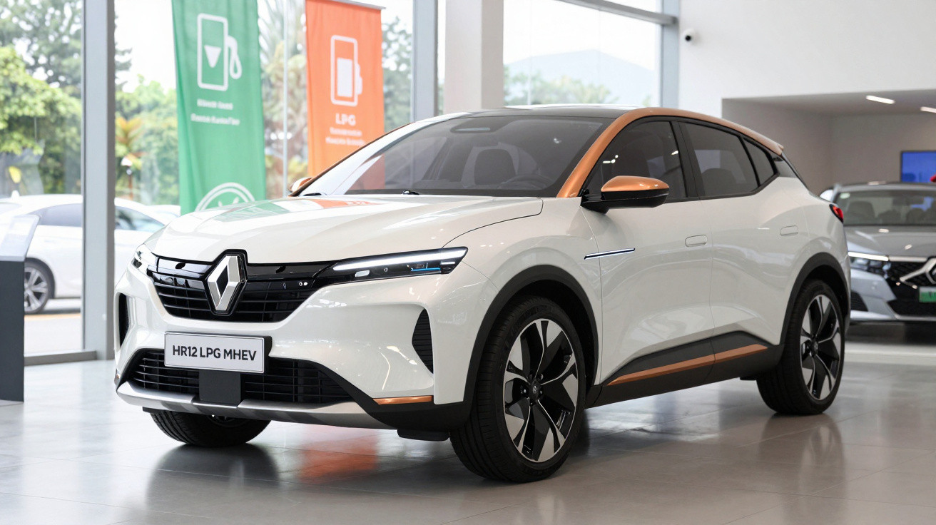 White Renault electric SUV with black and orange accents displayed in a bright showroom with informational banners behind.