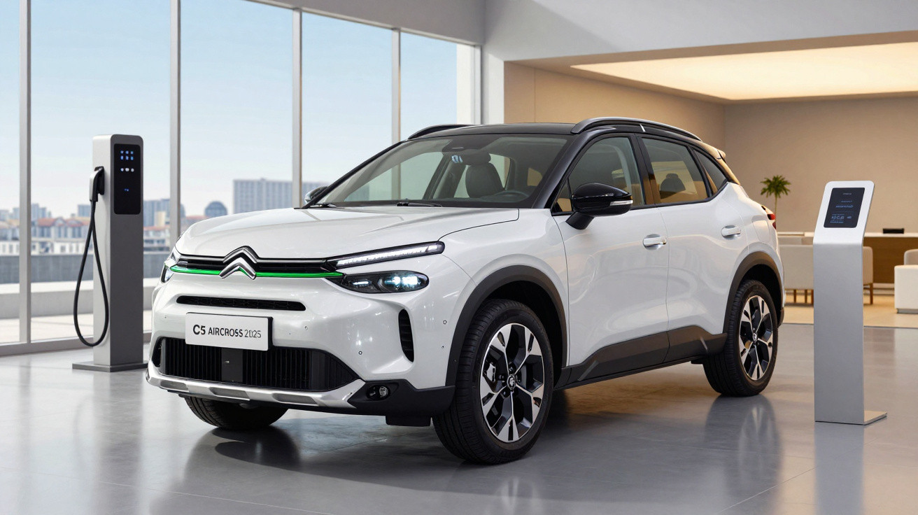 White Citroën C5 Aircross 2025 electric SUV charging indoors near charging stations in a modern showroom.