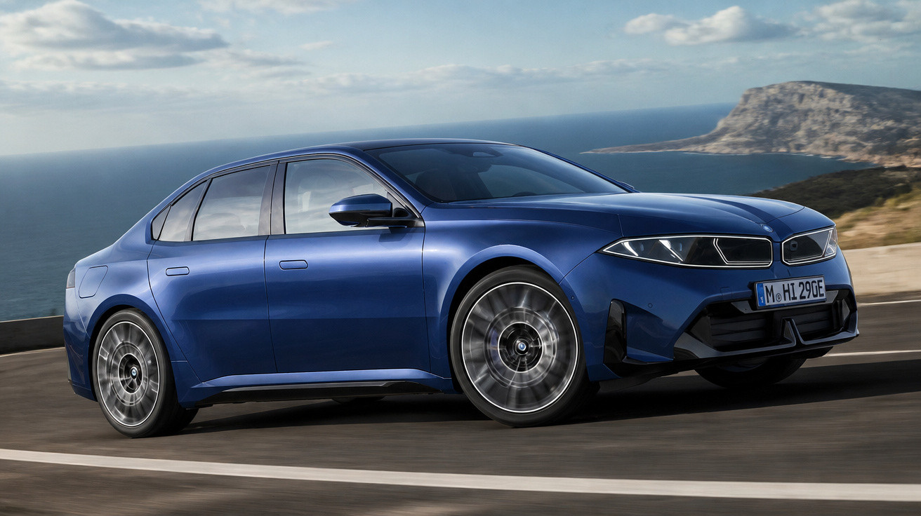 Blue electric sedan driving on coastal road with cliffs and ocean in the background under cloudy sky.