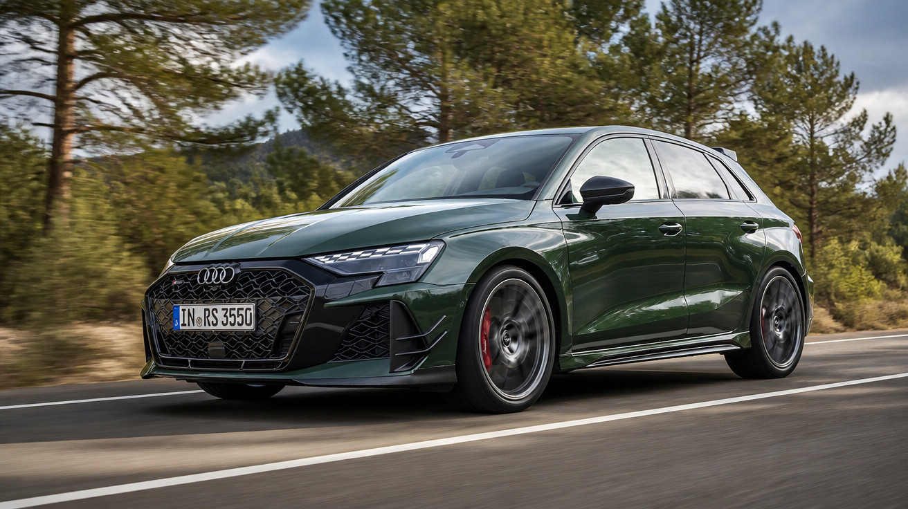 Green Audi RS3 hatchback driving on a forest road under a cloudy sky.