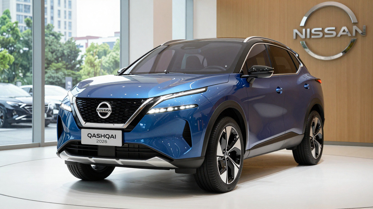 Blue 2025 Nissan Qashqai SUV displayed in a showroom with Nissan logo on the wall behind it.