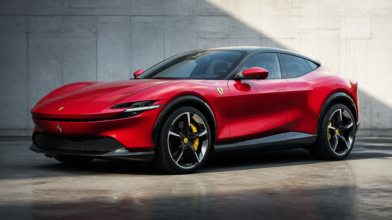 Red Ferrari sports car with black roof and yellow brake calipers parked indoors on concrete floor.